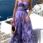 Dreamy Clouds Tulle Printed Rose Detail Cutout Ruffles Tiered Halter Maxi Dress