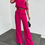 Nadorine Casual Two-Piece Set Slim-Fit Half-sleeve Crop Tops and Wide-Leg Pants