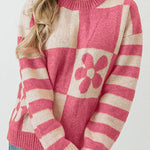 Checkered and Striped Knitted Pullover Sweater