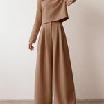 Lounge Set Casual Long Sleeve Crop Pullover Top High Waist Wide Leg Pants Two Pieces Suits