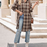 Nadorine Plaid Longline Button-Up Shacket Lapel Neck Long Sleeve Shirt Pocket