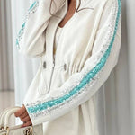 Edan Textured Knit Sequin Patchwork Drawstring Zipper Sweatshirt and Stretch Wide Leg Pants Set