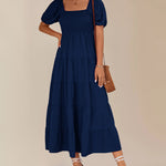Square Neck Puff Short Sleeve Smocked Boho Maxi Dress Casual Flowy A Line Vacation Long Dress