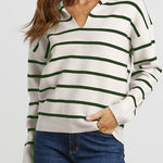 Striped Long Sleeve Polo V Neck Pullover Sweater