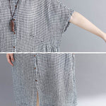 Artistic Retro Loose Split-Joint Plaid Buttoned Stand Collar Half Sleeves Midi Dress