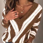 Casual Striped Split Joint Contrast V Neck Tops(5 Colors)