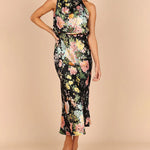 Sleeveless Halter Neck Printed Satin Dress