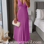 7 Colors Chicest V Neck Cut Out Waist Sleeveless Pleated Maxi Dress