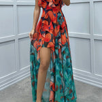 Loving Moment Gradient Unique Print Flowing Layered Ruffles Strapless Slit Maxi Dress