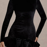 Velvet Round Neck Long Sleeve Ruched Puffy Hem Mini Dresses-Purple