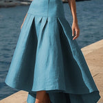 High Waisted High-Low Belted Pleated Solid Color Skirts Bottoms