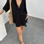 Nadorine Casual Two Piece Outfits Wrinkled Short Sleeve Button-Down Shirt and Shorts Set
