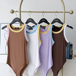 Women's Macaron Contrast Binding Bodysuit Ribbed Knit Sleeveless Slim Fit Bodysuit