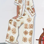 Lakeside Breeze Linen Blend Unique Print Elastic Waist Pocket Wide Leg Pants