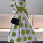 A-Line Long Sleeves Pockets Polka-Dot Tied Waist Notched Collar Maxi Dresses
