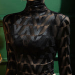 Stylish Skinny Long Sleeves Embroidered Split-Joint Checkered High-Neck T-Shirts Tops