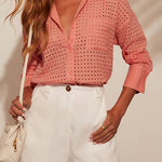 Fashionable Hollow Loose Button Pocket Shirt Top