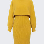 Women's Two Pieces Sets Long Sleeve Lazy Style Fashionable Sweater + Solid Knitted Skirt Dress