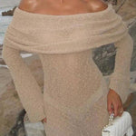 Marisol Ribbed Boucle Material Draped Off Shoulder Stretch Vacation Maxi Dress