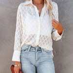 Nadorine Long Sleeve Button Up Shirt Summer Sheer Tulle Top for Women Casual Loose Business Casual 2026 | Under