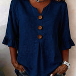 Solid V-Neck Button Ruffle Half Sleeve Casual Top