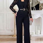 Women's Notched Lapel Jumpsuit Sheer Lace Long Sleeve Wide Leg Overalls Casual Evening Jumpsuit