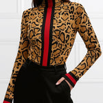 Long Sleeves Skinny Contrast Color Leopard High Neck T-Shirts Tops