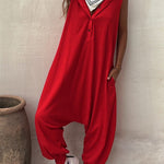 Let's Chill Pocketed Half Button Hooded Loose Jumpsuit