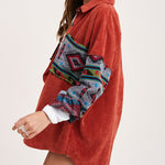 Nadorine Corduroy Patch Print Pocket Coat Long Sleeve Jacket Top