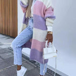 Contrast Long Sleeve Multicolor Striped Cardigans