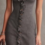 Vintage Ribbed Ruffle Button-Front Knit Dress
