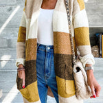 Stripe Print Colorblock Pocketed Open Front Long Cardigan