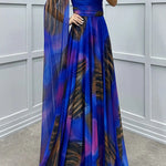 Lucia Unique Print Floral Detail One Shoulder Draped Sleeve Gown Maxi Dress