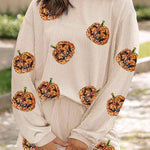 Christmas Sequined Loose Long-sleeved Top and Elastic Waist Casual Shorts Set