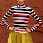 Long Sleeves Skinny Contrast Color Ruffled Split-Joint Striped Half Turtleneck Blouses&Shirts Tops