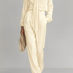 Women's Cream Satin Set With Tie-Neck Blouse & Tailored Wide-Leg Pants, Timeless Luxe-Casual Style Set