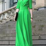 Half Sleeves High Waisted Solid Color Tied Waist V-Neck Maxi Dresses