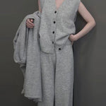 Knitted Three Piece Set Cardigan Sweater Vest and Wide Leg Pants