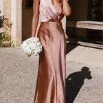 Loose Short Sleeves Pleated Solid Color Split-Joint V-Neck Maxi Dresses