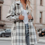 Nadorine Brushed Plaid Shirts Long Sleeve Flannel Lapel Button Down Shacket Jacket with Pockets
