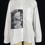 A-Line High-Low Buttoned Pockets Printed Split-Side Stand Collar Blouses&Shirts Tops