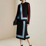 Irregularity Long Sleeves Abstract Printed Asymmetric Contrast Color Ribs Split-Joint Round-Neck Sweater Tops