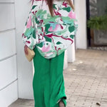 Two Piece Sets Long Puff Sleeve Shirt and Wide Leg Pants Streetwear Elegant Printed Vintage Sets