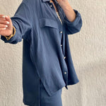 Nadorine Double Crepe Loose Oversized Lapel Long Sleeve Shirt Casual Pants Set