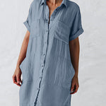 Nadorine Women's Button Down Long Sleeve V Neck Plain Oversized Dresses Slim Beach Vacation Shirt Dress