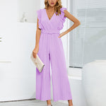 Nadorine Women's Casual Loose Jumpsuit V Neck Sleeveless Solid Ruffle Pleated Wide-leg Long Playsuit with Belt