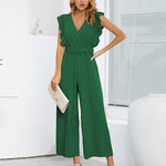 Nadorine Women's Casual Loose Jumpsuit V Neck Sleeveless Solid Ruffle Pleated Wide-leg Long Playsuit with Belt