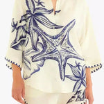 Linen Blend Starfish Print Collared Loose-fitting Shirt and Elastic Waist Casual Pocket Shorts Set