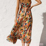 V Neck Tie Waist Abstract Print Midi Cami Dress