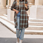Nadorine Plaid Longline Button-Up Shacket Lapel Neck Long Sleeve Shirt Pocket